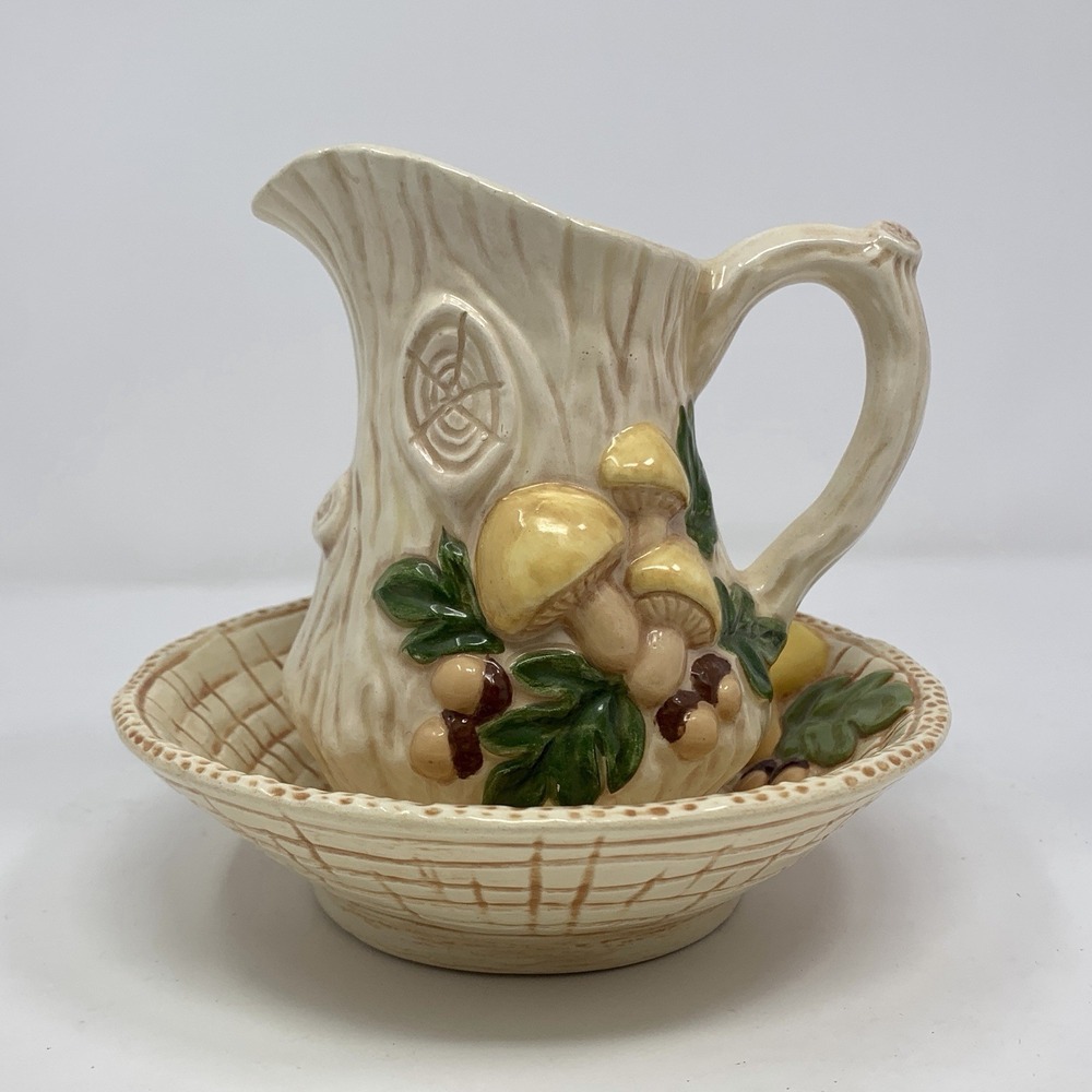 VTG MCM Mushroom 6" Pitcher & Bowl Ceramic Tree Trunk Pattern 1970's Byron Mold